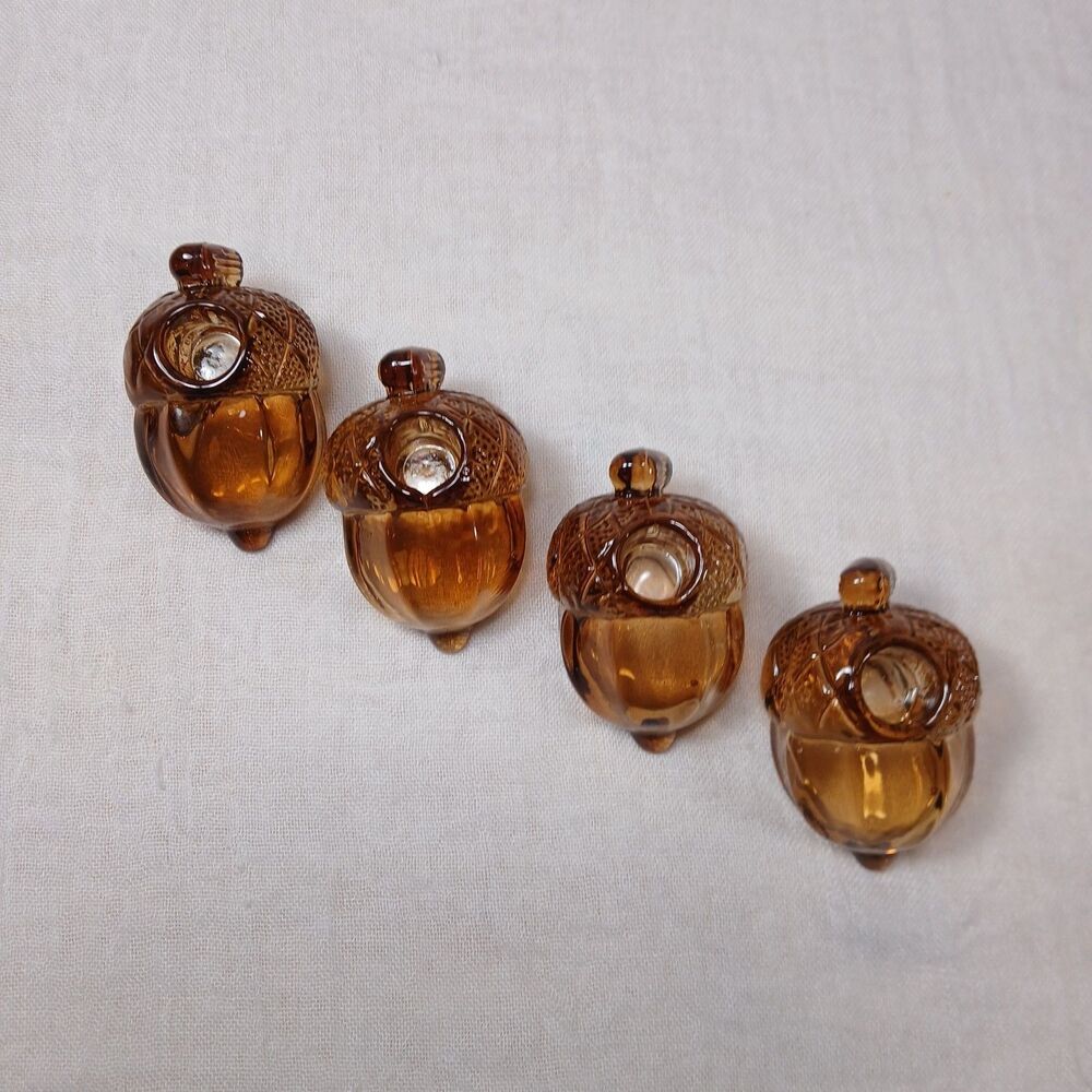 Williams Sonoma Amber Glass Acorn Tiny Taper Candle Holders Set of 4 Fall Autumn